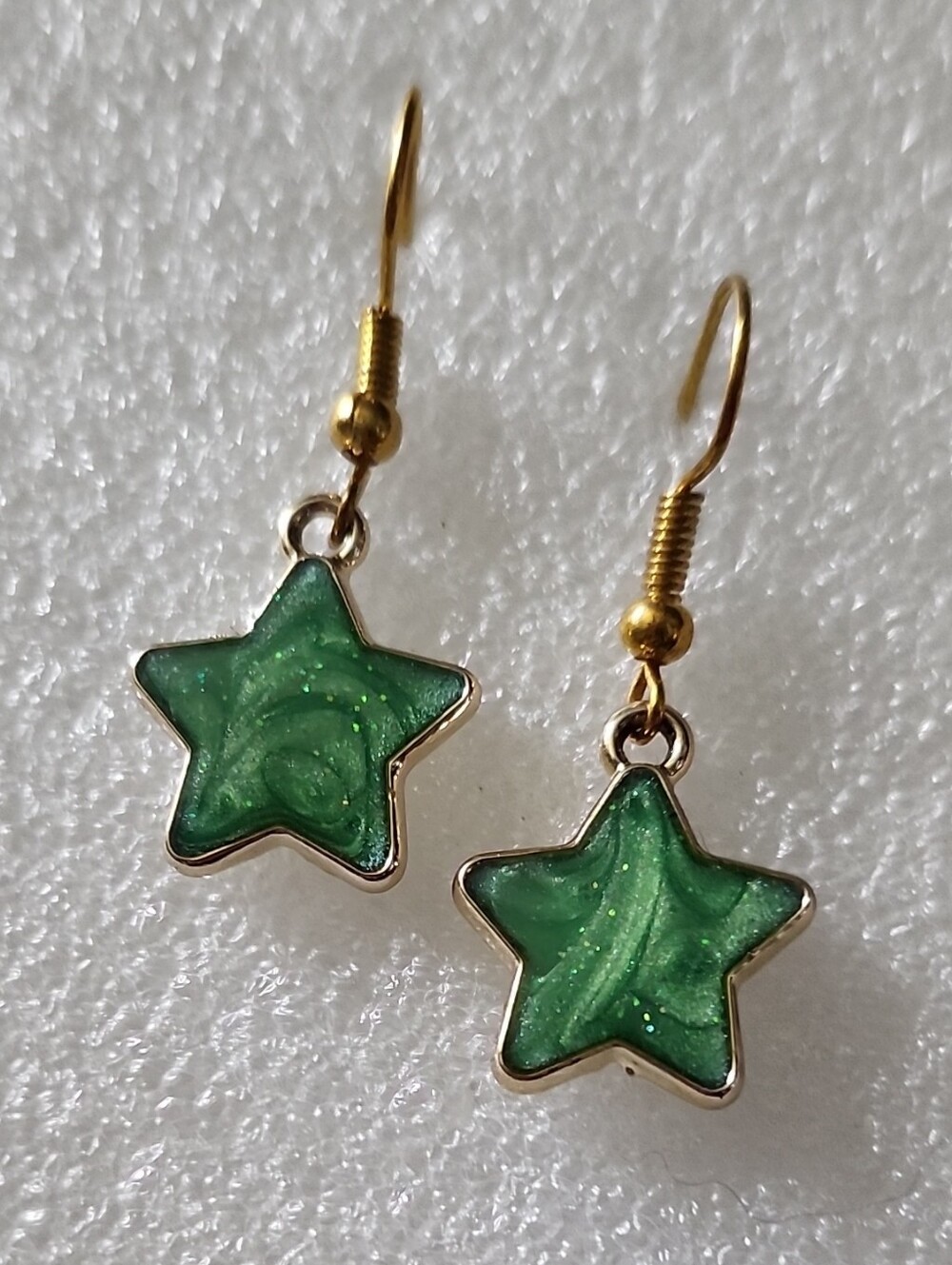 Shimmering Green Star Drop Earrings - Gold Tone Hooks
